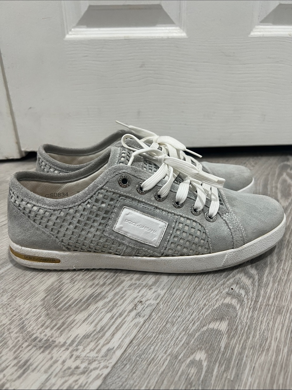 Dolce & Gabbana Light Gray Suede Woven-Panel Sneakers